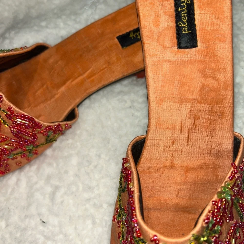 Beaded Silk Slide Sandals Size 10 Made in India Floral Boho Wooden Heel Resort - Picture 4 of 8